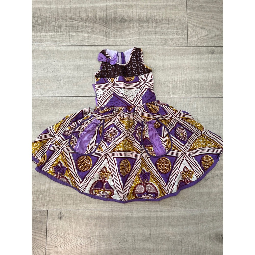 Girls Purple African Wax Print Geometric Party Dress Sleeveless Pockets Sash 24"